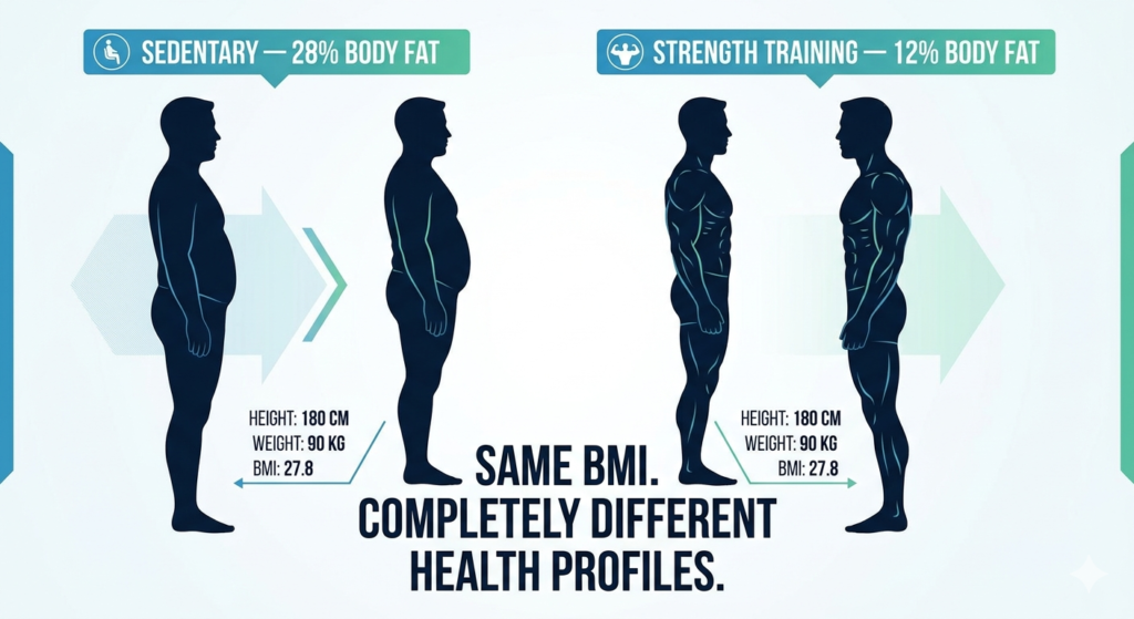 Two men with identical BMI of 27.8 but very different body fat percentages showing BMI limitation for muscular men