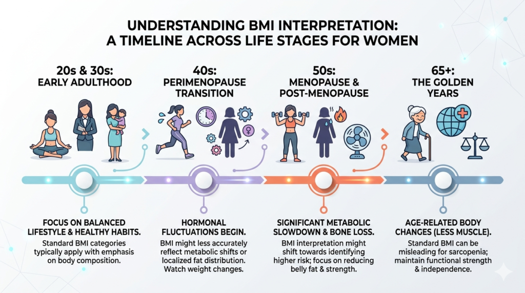 How BMI interpretation changes for women across different age groups and life stages.