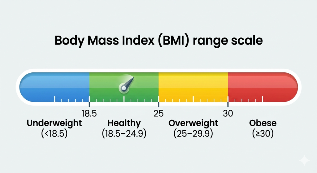 BMI range scale showing underweight, healthy, overweight and obese categories.