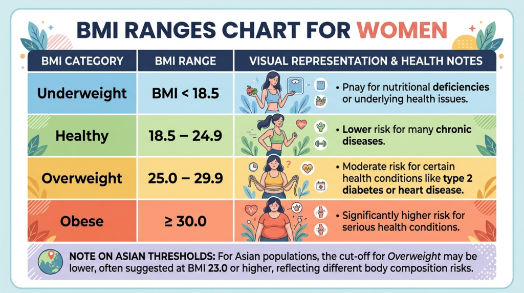 BMI ranges chart for women with colour-coded categories from underweight to obese.