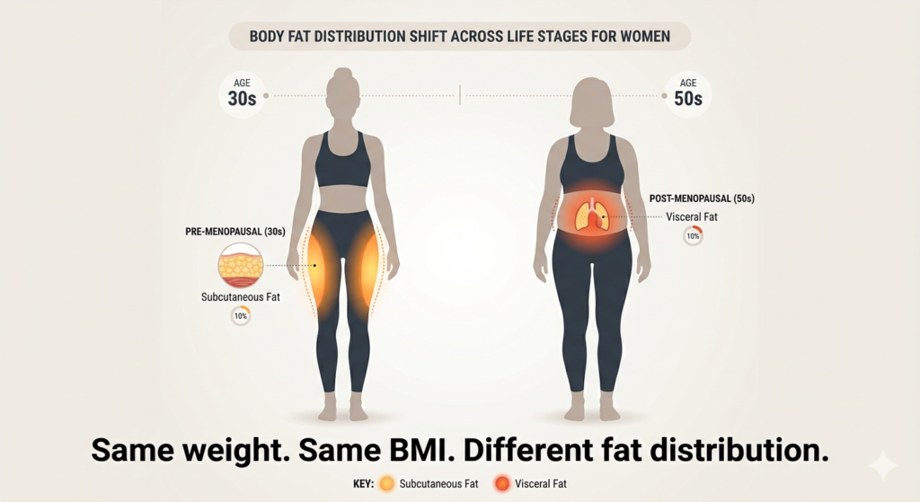 How BMI interpretation changes for women across different age groups and life stages.