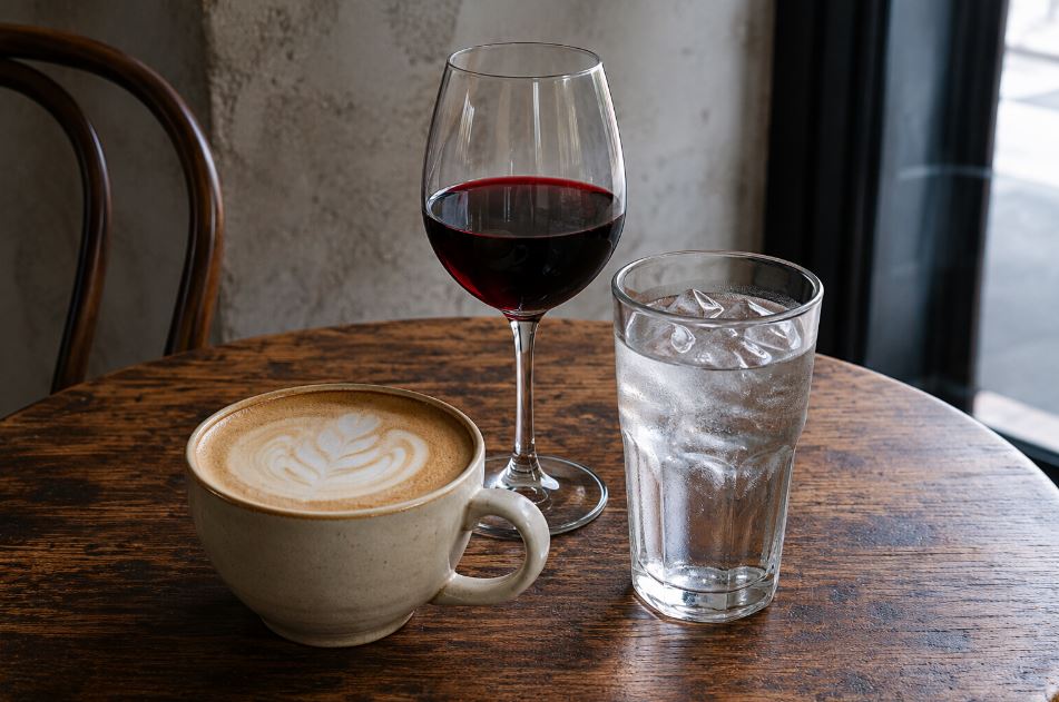 A glass of red wine, a large latte, and a glass of water on a table — illustrating the calorie difference between common drink choices