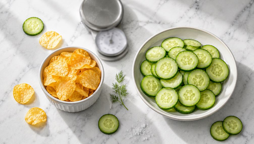 Side-by-side comparison of a small bowl of crisps and a large bowl of cucumber slices, illustrating calorie density