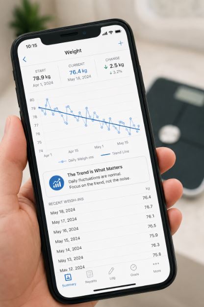 Weight tracking app showing daily fluctuations with a clear downward trend line