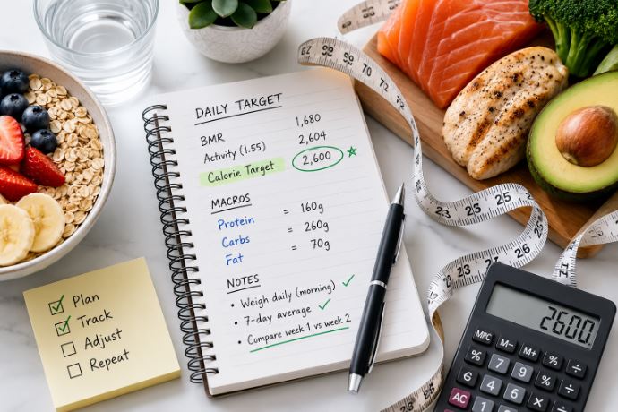 nutrition tracking flat lay overhead notepad calculator healthy food minimal
