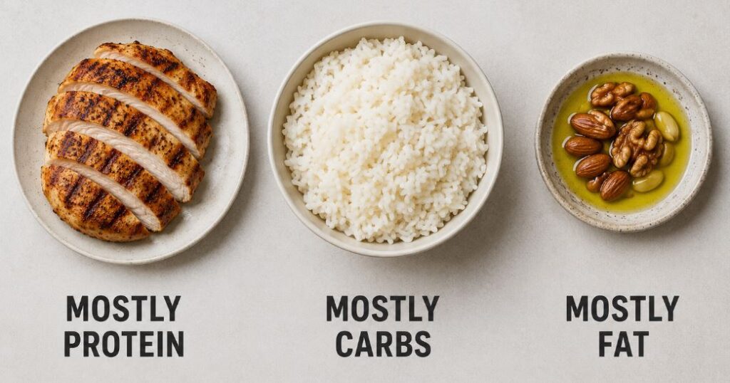 Examples of protein, carbohydrate, and fat food sources side by side