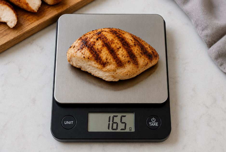 Food scale weighing a chicken breast portion for macro tracking